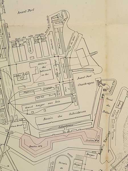 Plan légendé de l'arsenal. Détail.- Lithographie, 1920. (AD Manche. 4S 115).