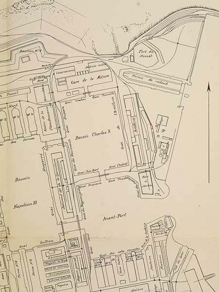 Plan légendé de l'arsenal. Détail.- Lithographie, 1920. (AD Manche. 4S 115).