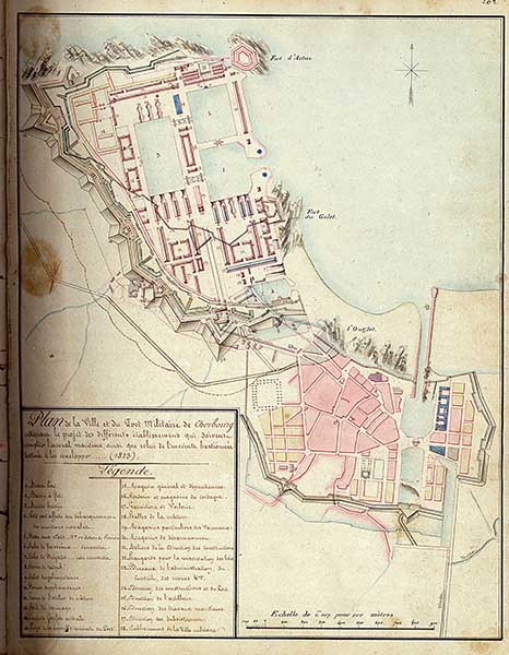 Plan de la Ville et du port militaire de Cherbourg indiquant le projet des différents établissemens qui doivent compléter l'arsenal maritime, ainsi que l'enceinte bastionnée destinée à les envelopper par l'abbé Demons.- Dessin à l'encre et aquarelle sur papier. (Bibliothèque municipale, Cherbourg-Octeville. MS 107 (B)).