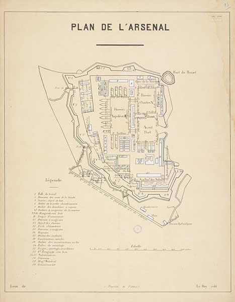 Plan de l'arsenal.- Lithographie, 1911. (Bibliothèque municipale, Cherbourg-Octeville. plan non-coté).