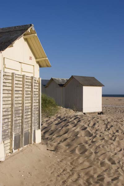 'Vue d''ensemble des cabines de bains sur la plage.'