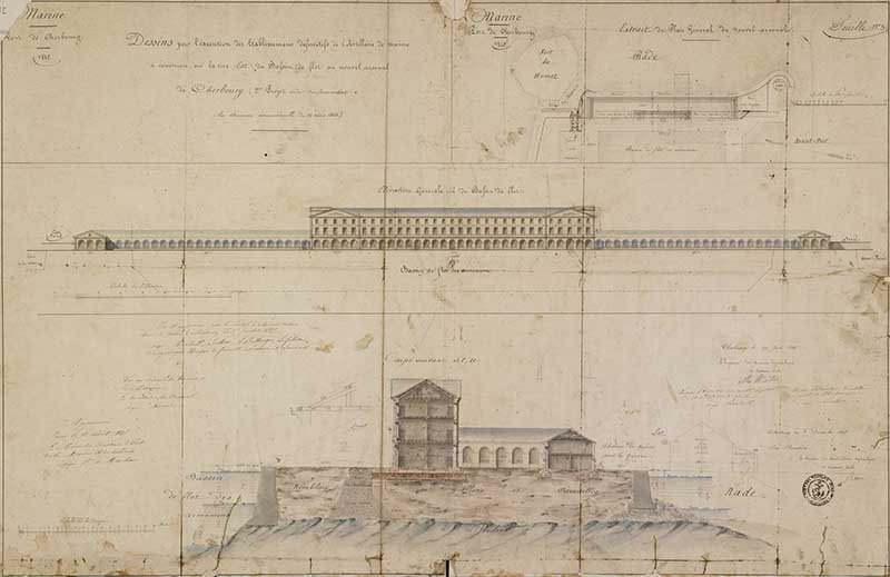 Dessins pour l'exécution des Etablissements définitifs de l'Artillerie de marine.- Dessin à l'encre et aquarelle sur papier de Watier (ingénieur civil), 66 x 95 cm, 1845. (Ministère de la Défense, service historique de la Marine, Cherbourg-Octeville. 2K 1145).
