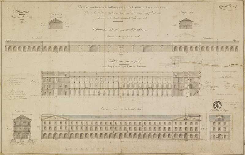 Dessins pour l'exécution des Etablissements définitifs de l'Artillerie de marine, Cherbourg le 29 juin 1845.- Dessin à l'encre et aquarelle sur papier de Watier (ingénieur civil), 64 x 99 cm, 29 juin 1845. (Ministère de la Défense, service historique de la Marine, Cherbourg-Octeville. 2K 1147).
