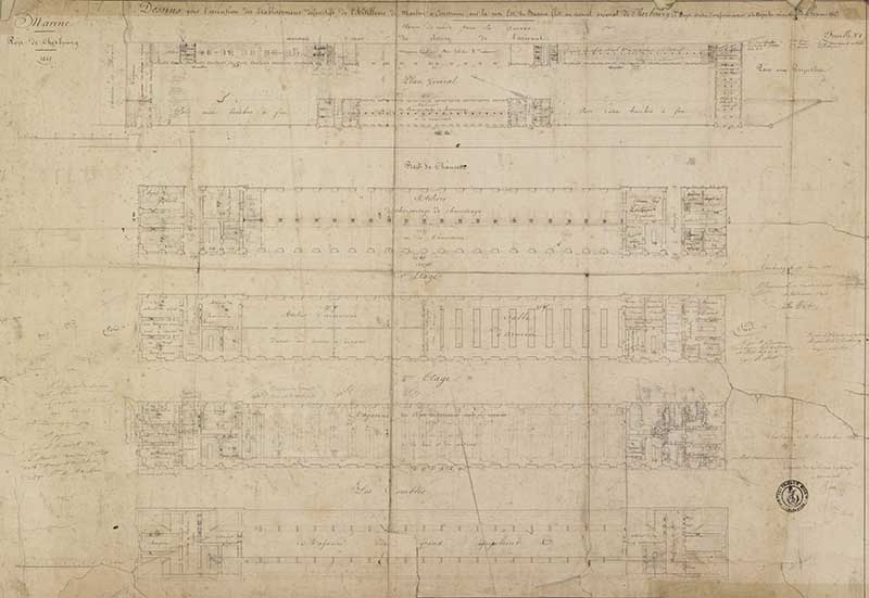 Dessin pour l'exécution des Etablissements définitifs de l'Artillerie de marine à construire sur la rive est du bassin de flot au nouvel arsenal de Cherbourg.- Dessin à l'encre et aquarelle sur papier de Watier (ingénieur civil), 62,5 x 98 cm, 29 juin 1845. (Ministère de la Défense, service historique de la Marine, Cherbourg-Octeville. 2K 1148).