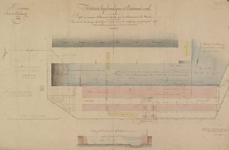 Projet des nouveaux établissements définitifs pour les subsistances de la marine, Cherbourg.- Dessin à l'encre et aquarelle sur papier de Reibell Félix-Jean-Baptiste-Joseph (ingénieur civil), 67 x 102 cm, 1854. (Ministère de la Défense, service historique de la Marine, Cherbourg-Octeville. 2K 1375).