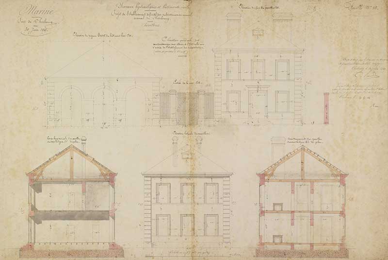 Projet de l'établissement définitif des subsistances au nouvel arsenal de Cherbourg.- Dessin à l'encre et aquarelle sur papier de Reibell Félix-Jean-Baptiste-Joseph (ingénieur civil) et Sourdeaux (ingénieur civil), 68 x 100 cm, 30 juin 1849. (Ministère de la Défense, service historique de la Marine, Cherbourg-Octeville. 2K 1418).