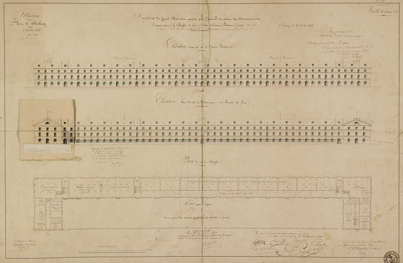 Dessin du Grand bâtiment projeté pour l'ensemble du service du mouvement entre l'avant-port et le bassin de flot à l'est et l'arrière-bassin à l'ouest.- Dessin à l'encre sur papier de Reibell Félix-Jean-Baptiste-Joseph (ingénieur civil), 66 x 95,5 cm, 10 octobre 1838. (Ministère de la Défense, service historique de la Marine, Cherbourg-Octeville. 2K 2471).
