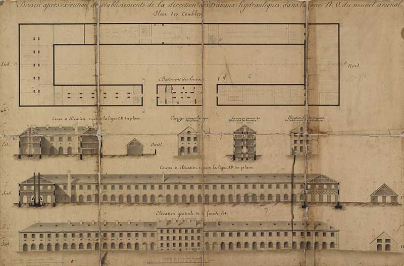 Dessin après exécution de l'établissement de la direction des travaux hydrauliques dans la zone nord-ouest du nouvel arsenal.- Dessin à l'encre et aquarelle sur papier, 68 x 100 cm, 1857. (Ministère de la Défense, service historique de la Marine, Cherbourg-Octeville. 2K 1528).