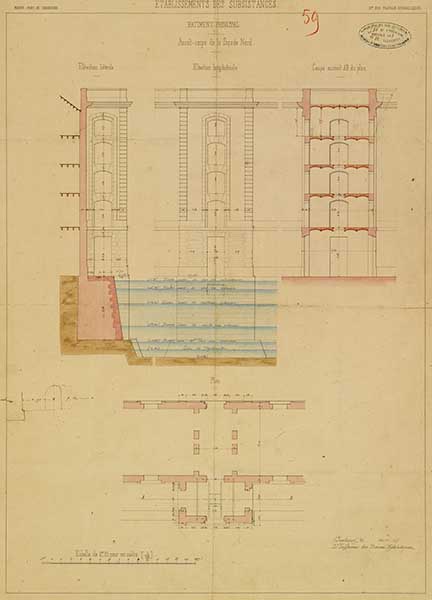Etablissement des subsistances, bâtiment principal, avant-corps de la façade nord.- Dessin à l'encre et aquarelle sur papier, 68 x 50 cm, s. d. (Ministère de la Défense, service historique de la Marine, Cherbourg-Octeville. 2K 1403).
