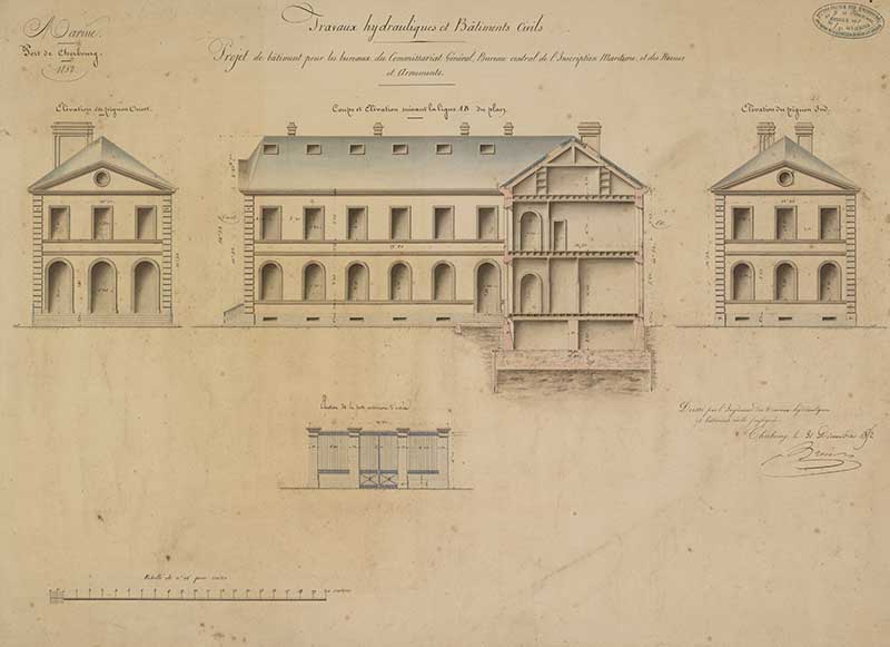Projet de bâtiment pour les bureaux du Commissariat Général. Bureau central de l'Inscription maritime et des Revues et Armement.- Dessin à l'encre et aquarelle sur calque de Bresson (ingénieur civil), 53 x 71 cm, 31 décembre 1852. (Ministère de la Défense, service historique de la Marine, Cherbourg-Octeville. 2K 1357).