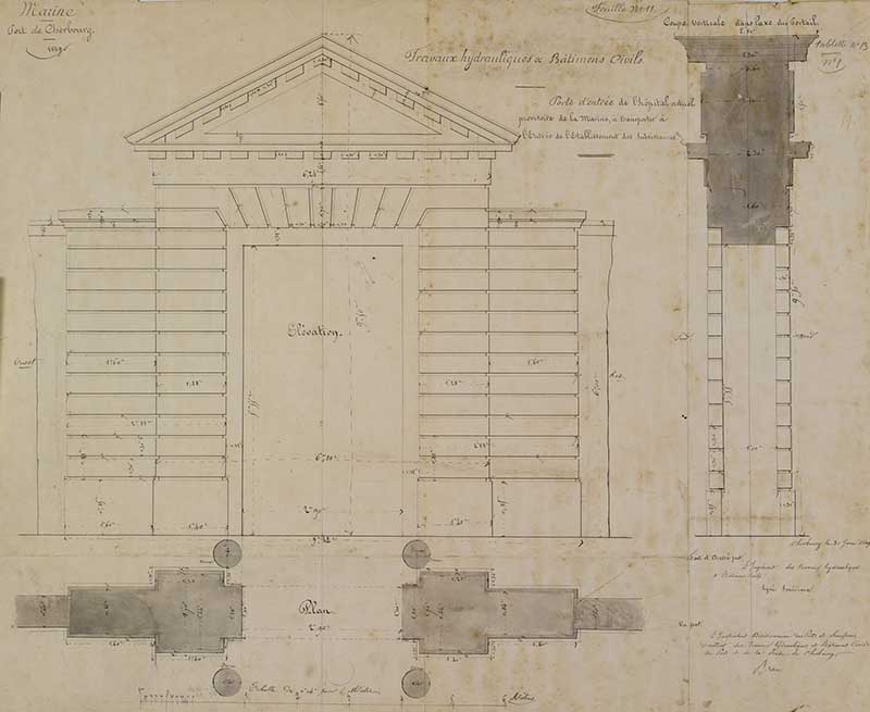 Porte d'entrée de l'hôpital actuel provisoire de la Marine à transporter à l'entrée de l'établissement des subsistances.- Dessin à l'encre et aquarelle sur papier de Reibell Félix-Jean-Baptiste-Joseph (ingénieur civil) et Sourdeaux (ingénieur civil), 68 x 100 cm, 30 juin 1849. (Ministère de la Défense, service historique de la Marine, Cherbourg-Octeville. 2K 1419).