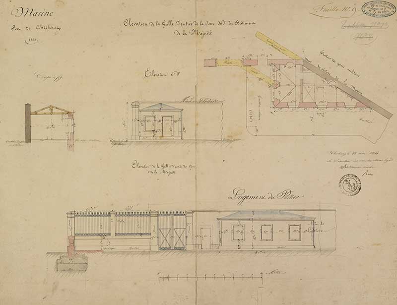 Elévation de la Grille d'entrée de la Cour Sud du Bâtiment de la Majorité. Cherbourg le 22 mai 1844.- Dessin à l'encre et aquarelle sur papier de Reibell Félix-Jean-Baptiste-Joseph (ingénieur civil), Cherbourg le 22 mai 1844. (Ministère de la Défense, service historique de la Marine, Cherbourg-Octeville. 2 K1464).