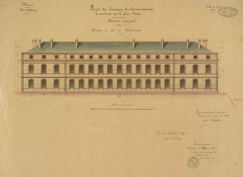 Projet des bureaux du Commissariat à construire sur la place Bruat. Bâtiment principal élévation du côté des Subsistances.- Dessin à l'encre et aquarelle sur calque de Brosselin (ingénieur civil), 52 x 68 cm, 16 décembre 1858. (Ministère de la Défense, service historique de la Marine, Cherbourg-Octeville. 2K 1358).