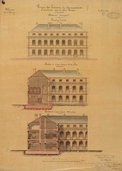 Projet des bureaux du Commissariat à construire sur la place Bruat. Bâtiment principal élévation latérale.- Dessin à l'encre et aquarelle sur calque de Brosselin (ingénieur civil), 52 x 68 cm, 16 décembre 1858. (Ministère de la Défense, service historique de la Marine, Cherbourg-Octeville. 2K 1358).