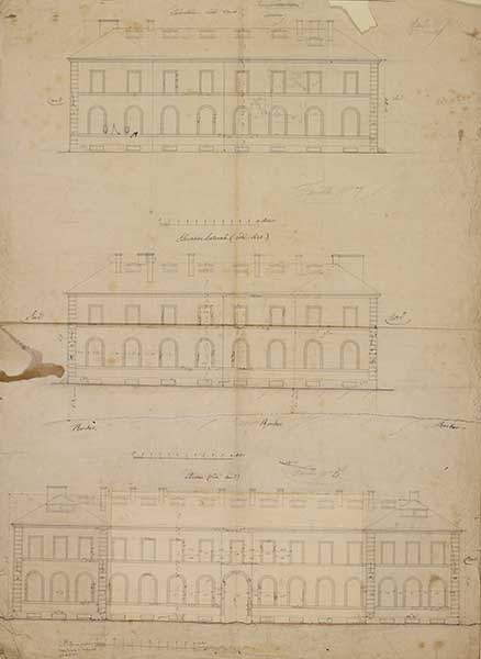 Elévation (côté Ouest) - Elévation latérale (côté Est) - Elévation (côté Nord).- Dessin à l'encre sur papier, s. d. (Ministère de la Défense, service historique de la Marine, Cherbourg-Octeville. 2 K1454).