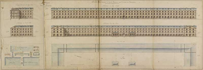 Dessin après exécution du grand bâtiment pour le service des mouvements, port de Cherbourg.- Dessin à l'encre et aquarelle sur papier, 1847. (Ministère de la Défense, service historique de la Marine, Cherbourg-Octeville. 2K 2493).