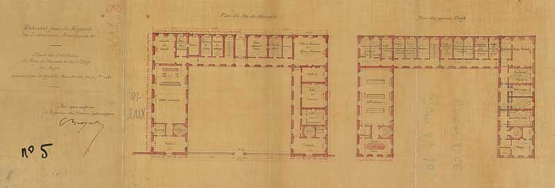 Plan de distribution du Rez-de-chaussée et du 1er étage du Projet approuvé par la dépêche Ministérielle du 26 septembre 1843.- Dessin à l'encre et aquarelle sur papier de Brosselin (ingénieur civil). (Ministère de la Défense, service historique de la Marine, Cherbourg-Octeville. 2 K1458).