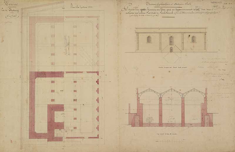 Projets d'un Réservoir avec filtre pour un approvisionnement d'eau douce à construire dans la zone nord-ouest du nouvel arsenal.- Dessin à l'encre et aquarelle sur papier de Hérard (ingénieur civil), 66 x 102 cm, 1er avril 1845. (Ministère de la Défense, service historique de la Marine, Cherbourg-Octeville. 2K 2013).