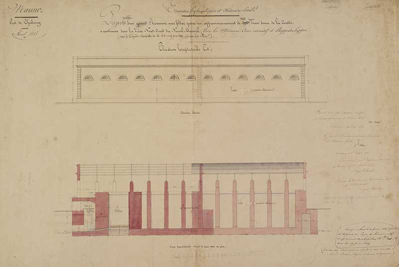 Projet rectifié d'un Réservoir avec filtre pour un approvisionnement d'eau douce à construire dans la zone nord-ouest du nouvel arsenal.- Dessin à l'encre et aquarelle sur papier de Hérard (ingénieur civil), 66 x 102 cm, 1er avril 1845. (Ministère de la Défense, service historique de la Marine, Cherbourg-Octeville. 2K 2014).