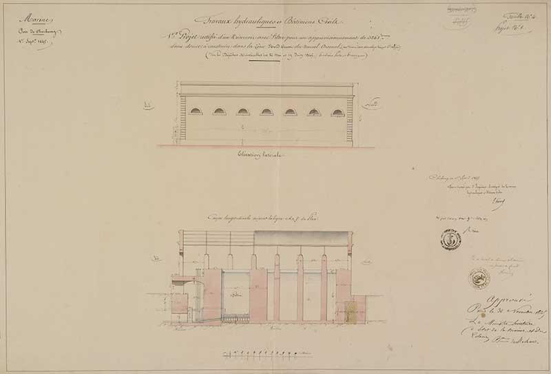 1er projet rectifié d'un réservoir avec Filtre pour un approvisionnement d'eau douce à construire dans la zone nord-ouest du nouvel arsenal.- Dessin à l'encre et aquarelle sur papier de Hérard (ingénieur civil), 66 x 102 cm, 1er septembre 1845. (Ministère de la Défense, service historique de la Marine, Cherbourg-Octeville. 2K 2017).