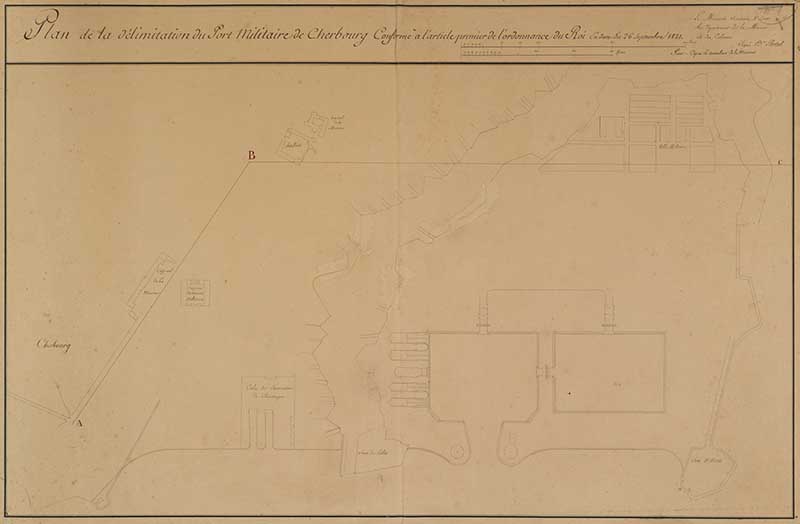 Plan de la délimitation du Port militaire de Cherbourg conforme à l'article premier de l'ordonnance du roi en date du 26 septembre 1821.- Dessin à l'encre sur papier, 56 x 84 cm. (Ministère de la Défense, service historique de la Marine, Cherbourg-Octeville. 2K 2078).