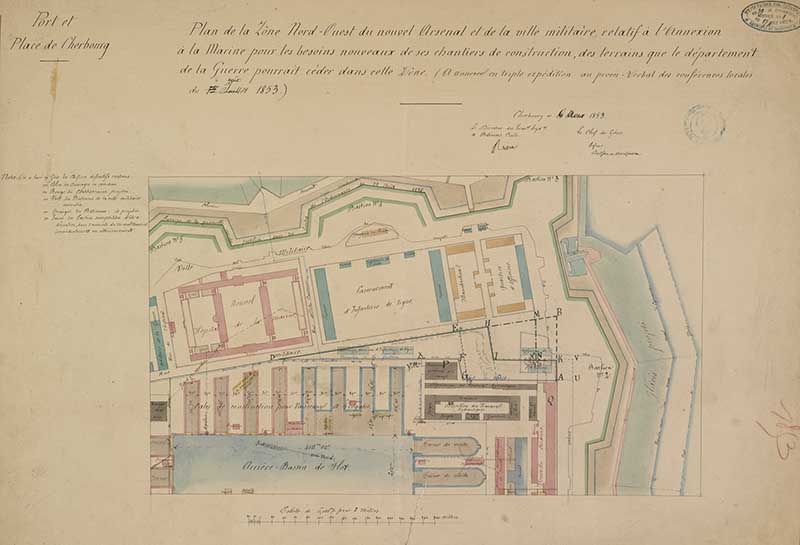 Cession de la guerre à la marine de terrains de la zone nord-ouest.- Dessin à l'encre et aquarelle sur papier, 1853. (Ministère de la Défense, service historique de la Marine, Cherbourg-Octeville. 2K 2112).