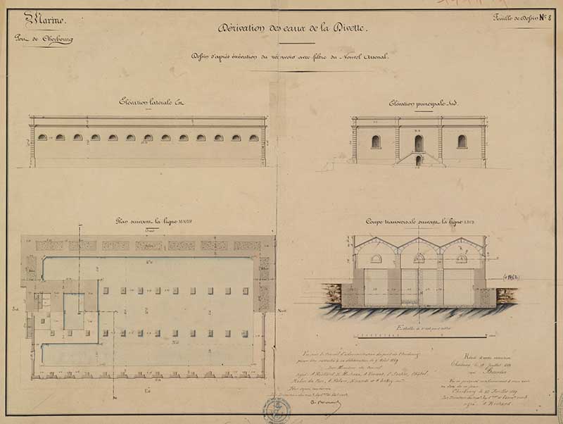 Dérivation des eaux de la Divette. Dessin d'après exécution du réservoir avec filtre du Nouvel arsenal.- Dessin à l'encre et aquarelle sur papier de Brosselin (ingénieur civil), 67 x 52 cm, 11 juillet 1859. (Ministère de la Défense, service historique de la Marine, Cherbourg-Octeville. 2K 2031).