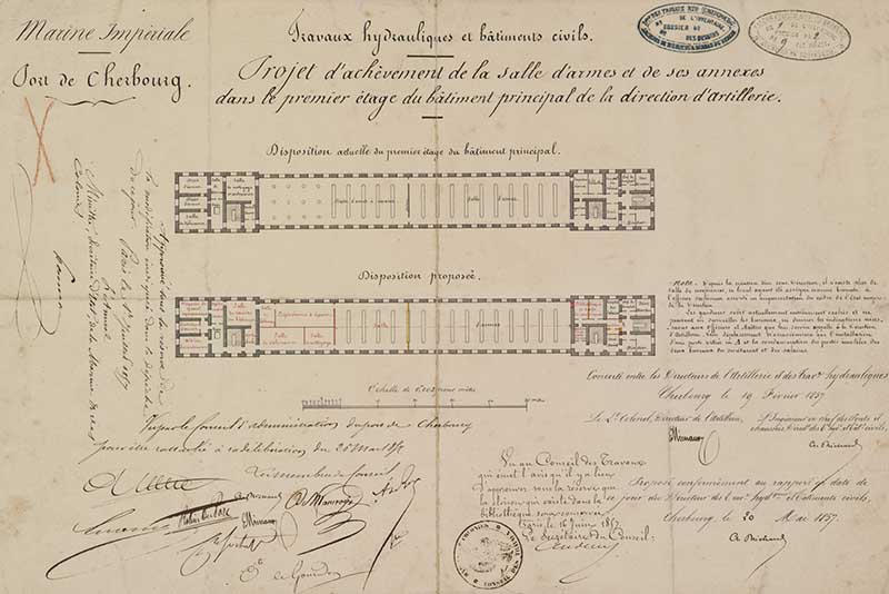 Projet d'achèvement de la salle d'armes et de ses annexes au premier étage du bâtiment principal de la direction d'artillerie. Concerté entre les Directeurs de l'artillerie et des Travaux hydrauliques.- Dessin à l'encre sur papier de Minaud (ingénieur militaire) et Richard (ingénieur civil), 32, 5 x 48, 5 cm, 19 février 1857. (Ministère de la Défense, service historique de la Marine, Cherbourg-Octeville. 2K 1162).