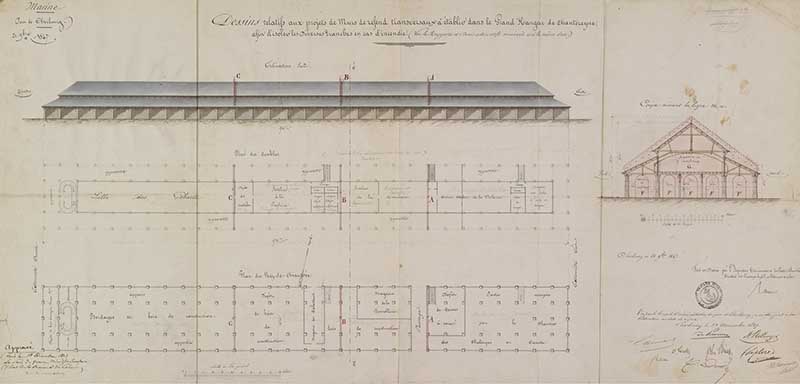 Dessins relatifs aux projets de murs de refend transversaux à établir dans le Grand Hangar de Chantereyne afin d'isoler les diverses tranches en cas d'incendie, fait et dressé par l'inspecteur divisionnaire des ponts et chaussées, directeur des travaux hydrauliques et bâtiments civils, Reibell, le 21 septembre 1847.- Dessin à l'encre et aquarelle sur papier, 104 x 52 cm. (Ministère de la Défense, service historique de la Marine, Cherbourg-Octeville. 2K 1097).