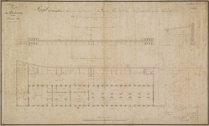 Profil des magasins en appentis à construire le long du mur de clôture définitif du port militaire à l'est de l'atelier des forges, machines.- Dessin à l'encre sur papier de Virla Nicolas (ingénieur civil), 63 x 100 cm, 23 février 1833. (Ministère de la Défense, service historique de la Marine, Cherbourg-Octeville. 2K 1552).