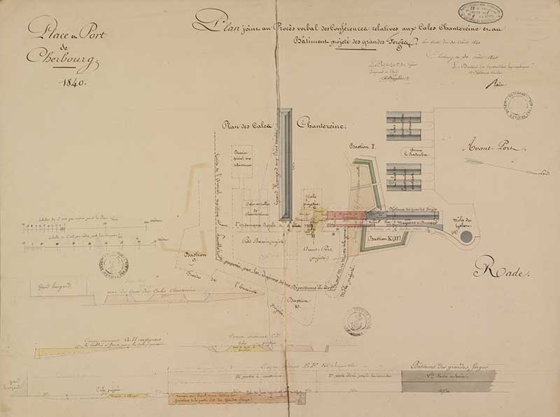 Plan, élévation et coupe après exécution du bâtiment des forges et fonderie construit à l'est des cales de construction de l'avant-port militaire de Cherbourg.- Dessin à l'encre et aquarelle sur papier de Reibell Félix-Jean-Baptiste-Joseph (ingénieur civil), 180 x 69 cm, 11 mars 1844. (Ministère de la Défense, service historique de la Marine, Cherbourg-Octeville. 2K 1583).