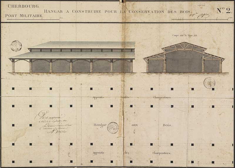 Hangar à construire pour la conservation des bois, lu et approuvé à Paris le 23 septembre 1820, le secrétaire d'Etat de la Marine et des Colonies, baron Portal.- Dessin à l'encre et aquarelle sur papier, 76 x 55 cm. (Ministère de la Défense, service historique de la Marine, Cherbourg-Octeville. 2K 1090).