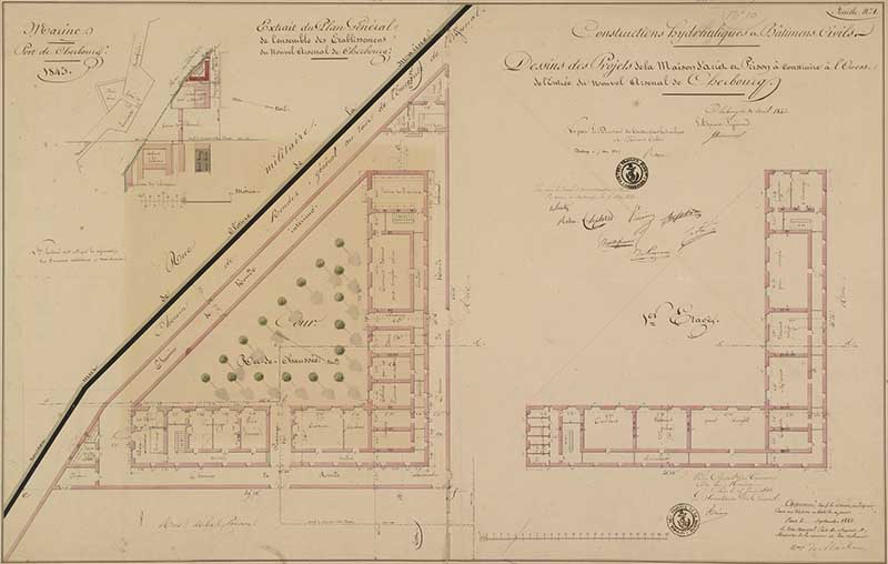 Dessins des Projets de la maison d'arrêt et Prison à construire à l'Ouest de l'Entrée du nouvel arsenal de Cherbourg.- Dessin à l'encre et aquarelle sur papier de Bidermannf (ingénieur civil), 102 x 66 cm, 30 avril 1843. (Ministère de la Défense, service historique de la Marine, Cherbourg-Octeville. 2K 1884).
