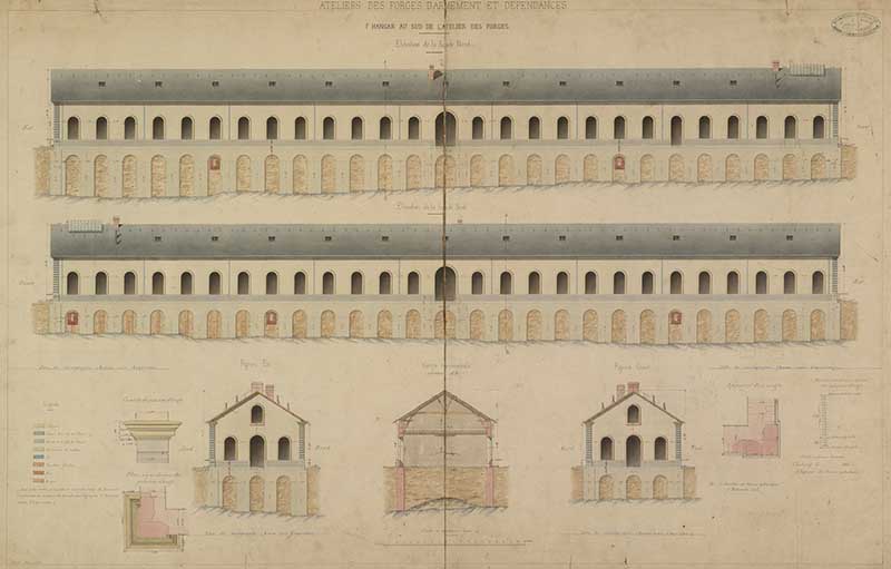 Hangar au sud de l'atelier des forges : Elévation de la Face Nord Elévation de la Face Sud.- Dessin à l'encre et aquarelle sur papier, 104 x 67 cm, 1866. (Ministère de la Défense, service historique de la Marine, Cherbourg-Octeville. 2K 1716).