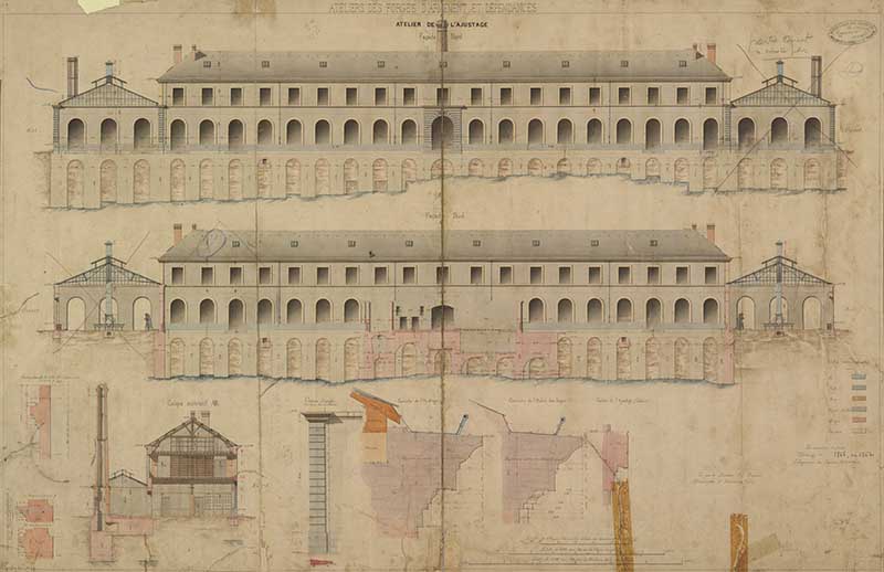 Ateliers d'ajustage. Façade Nord Façade Sud.- Dessin à l'encre et aquarelle sur papier, 99 x 65 cm, vers 1866. (Ministère de la Défense, service historique de la Marine, Cherbourg-Octeville. 2K 1715).