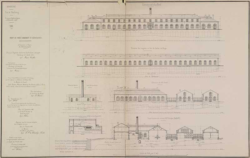 Projet de forges d'armement et dépendances. Dressé par l'Ingénieur des travaux hydrauliques.- Lithographie de Pasquier-Vauvilliers (ingénieur civil). (Ministère de la Défense, service historique de la Marine, Cherbourg-Octeville. 2K 1710).
