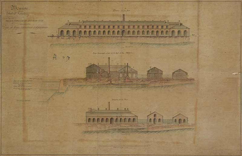 Projet de forges d'armement et dépendances.- Calque sur toile, 101 x 62 cm, 1861. (Ministère de la Défense, service historique de la Marine, Cherbourg-Octeville. 2K 1708).