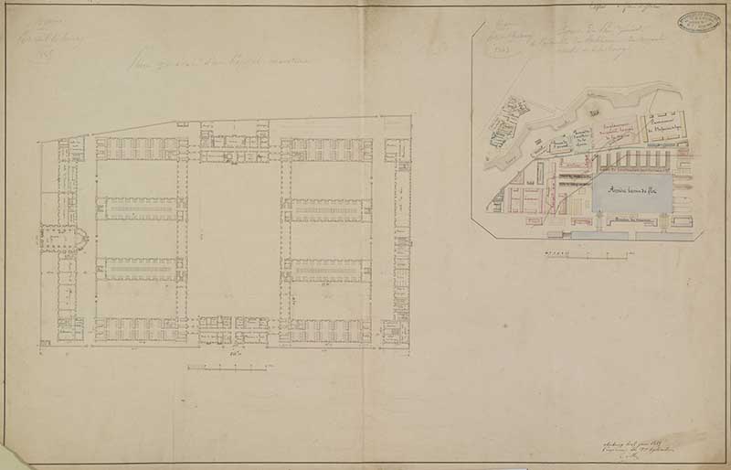 Plan général d'un hôpital maritime.- Dessin à l'encre sur papier de Méry (ingénieur civil), Cherbourg le 25 juin 1845. (Ministère de la Défense, service historique de la Marine, Cherbourg-Octeville. 2K 2497).