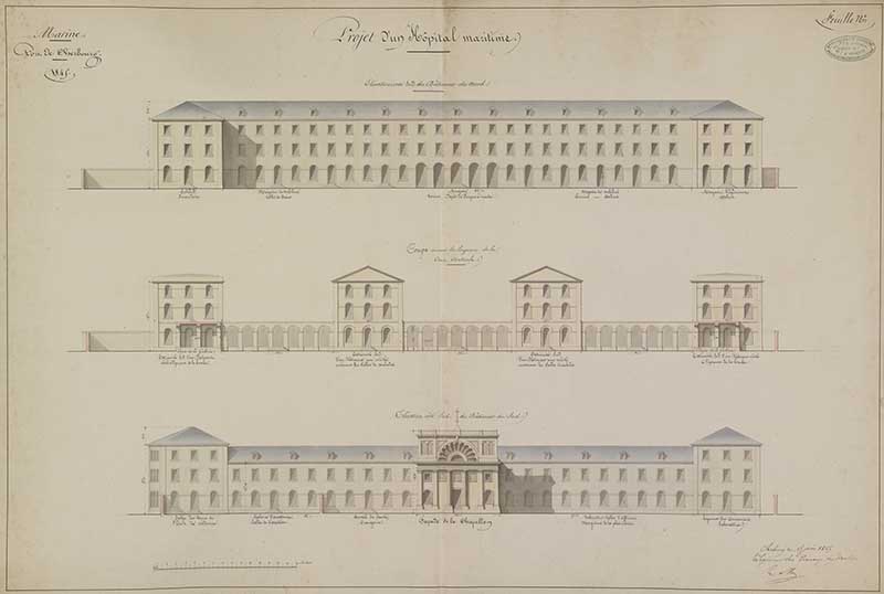 Projet d'un Hôpital maritime.- Dessin à l'encre et aquarelle sur papier de Méry (ingénieur civil), 1845. (Ministère de la Défense, service historique de la Marine, Cherbourg-Octeville. 2K 2504).