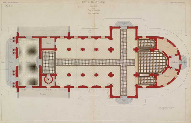 Chapelle, plan d'ensemble.- Dessin à l'encre et gouache sur papier, 100 x 66 cm, s. d. (Ministère de la Défense, service historique de la Marine, Cherbourg-Octeville. 2K 2608).