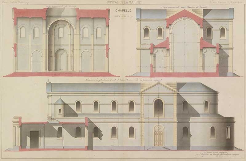 Coupe transversale avec élévation du transept.- Dessin à l'encre et gouache sur papier, 100 x 66 cm, s. d. (Ministère de la Défense, service historique de la Marine, Cherbourg-Octeville. 2K 2613).