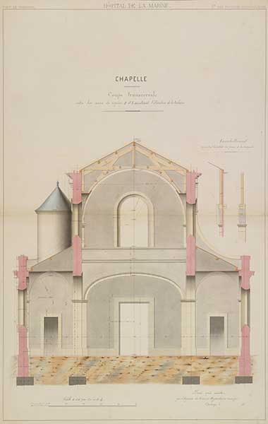 Chapelle, coupe transversale.- Dessin à l'encre et gouache sur papier, 100 x 66 cm, s. d. (Ministère de la Défense, service historique de la Marine, Cherbourg-Octeville. 2K 2617).