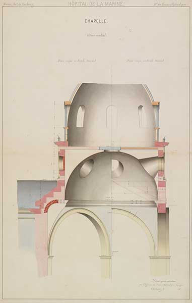 Dôme central, demi-coupe vertical.- Dessin à l'encre et gouache sur papier, 100 x 66 cm, s. d. (Ministère de la Défense, service historique de la Marine, Cherbourg-Octeville. 2K 2625).
