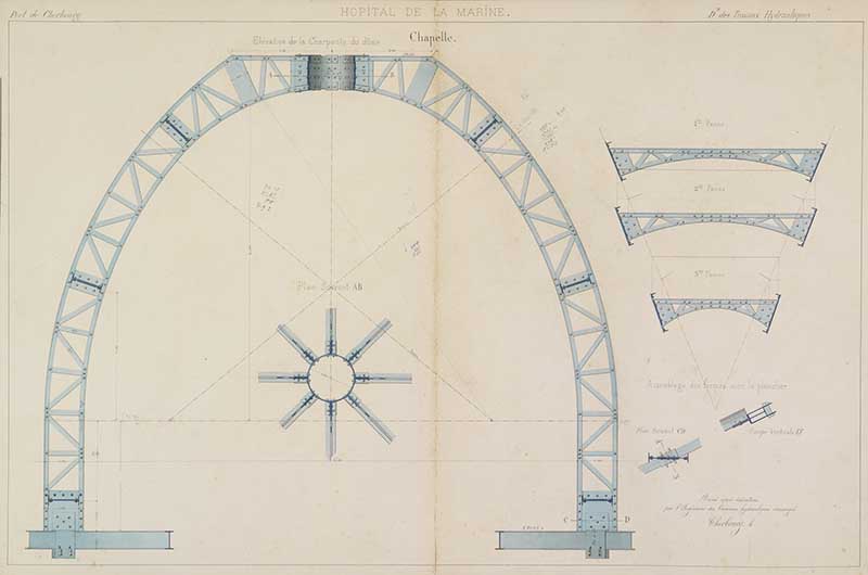 Elévation de la charpente du dôme.- Dessin à l'encre et gouache sur papier, 100 x 66 cm, s. d. (Ministère de la Défense, service historique de la Marine, Cherbourg-Octeville. 2K 2626).