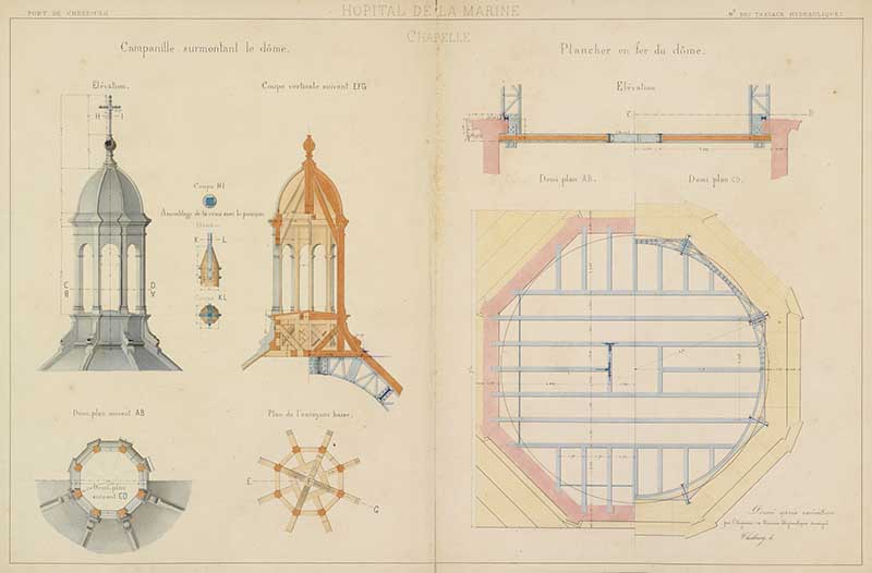 Campanile surmontant le dôme.- Dessin à l'encre et gouache sur papier, 100 x 66 cm, s. d. (Ministère de la Défense, service historique de la Marine, Cherbourg-Octeville. 2K 2628).