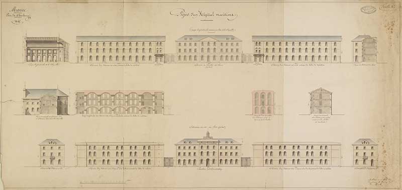 Projet d'un Hôpital maritime. Coupe longitudinale passant par l'axe de la Chapelle.- Dessin à l'encre et aquarelle sur papier de Méry (ingénieur civil), 1845. (Ministère de la Défense, service historique de la Marine, Cherbourg-Octeville. 2K 2505).