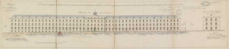 Dessins des projets d'un Hôpital maritime pour les besoins de la Marine et de la Guerre à Cherbourg, refaits d'après les bases posées par la décision ministérielle du 5 mars 1846. Elévation Est suivant la ligne n, o.- Dessin à l'encre et aquarelle sur papier de Méry (ingénieur civil) et Reibell Félix-Jean-Baptiste-Joseph (ingénieur civil), 21 octobre 1846. (Ministère de la Défense, service historique de la Marine, Cherbourg-Octeville. 2K 2518).