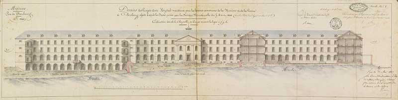 Dessins des projets d'un Hôpital maritime pour les besoins de la Marine et de la Guerre à Cherbourg, refaits d'après les bases posées par la décision ministérielle du 5 mars 1846. Elévation est de la Chapelle suivant la ligne e, f, g, h.- Dessin à l'encre et aquarelle sur papier de Méry (ingénieur civil) et Reibell Félix-Jean-Baptiste-Joseph (ingénieur civil), 21 octobre 1846. (Ministère de la Défense, service historique de la Marine, Cherbourg-Octeville. 2K 2517).