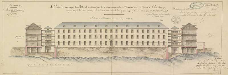 Dessins des projets d'un Hôpital maritime pour les besoins de la Marine et de la Guerre à Cherbourg, refaits d'après les bases posées par la décision ministérielle du 5 mars 1846. Coupe et élévation suivant la ligne a, b, c, d.- Dessin à l'encre et aquarelle sur papier de Méry (ingénieur civil) et Reibell Félix-Jean-Baptiste-Joseph (ingénieur civil), 21 octobre 1846. (Ministère de la Défense, service historique de la Marine, Cherbourg-Octeville. 2K 2516).