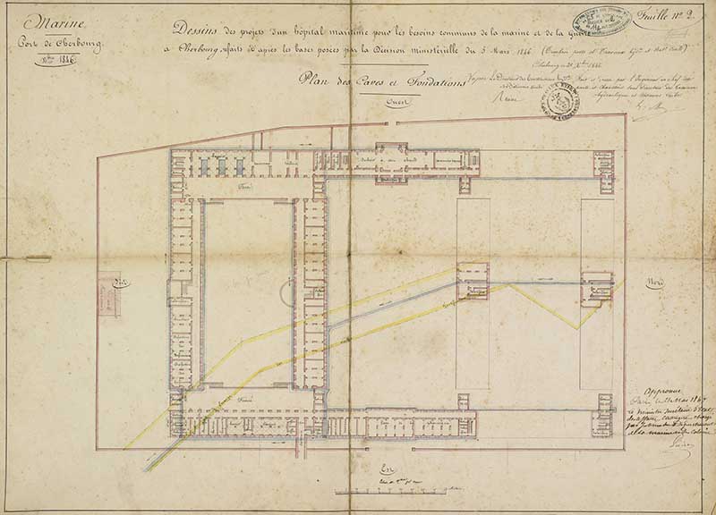 Dessins des projets d'un Hôpital maritime pour les besoins de la Marine et de la Guerre à Cherbourg, refaits d'après les bases posées par la décision ministérielle du 5 mars 1846. Plan des caves et fondations.- Dessin à l'encre sur papier de Méry (ingénieur civil) et Reibell Félix-Jean-Baptiste-Joseph (ingénieur civil), Cherbourg le 21 octobre 1846. (Ministère de la Défense, service historique de la Marine, Cherbourg-Octeville. 2K 2511).